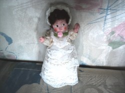 6'' COMPO GOOGLY BROWN HAIR WIG DOLL SILK DRESS  BRIDE GOWN, VEIL